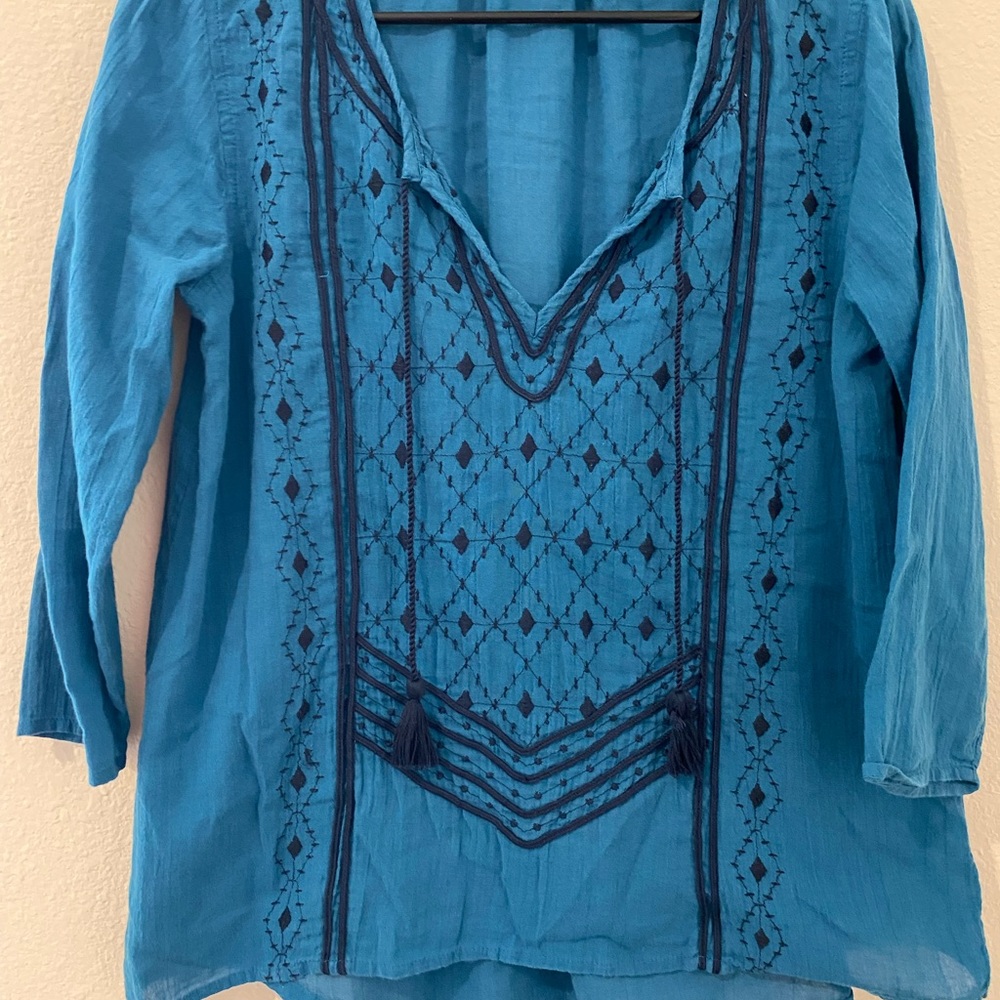 Boho blue summer shirt. Lucky Brand, Live to Love